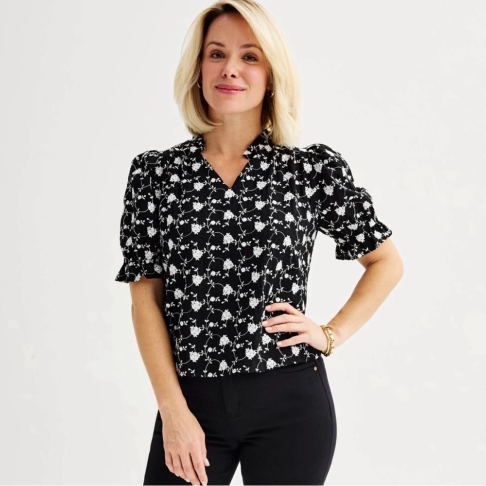 Draper James Women’s Black & White Floral Blouse Size L